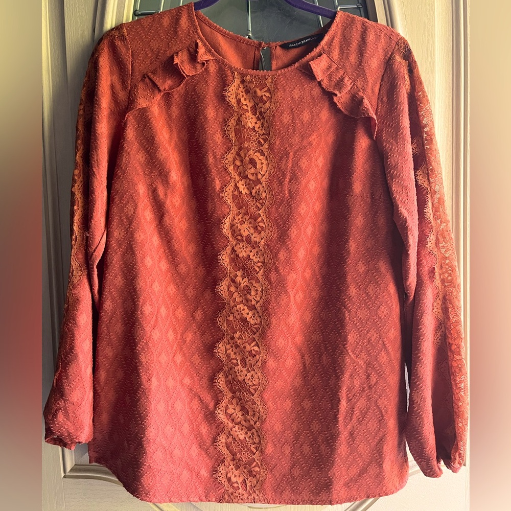 NWOT Isaac Mizrahi lace peasant blouse XXS burnt orange.